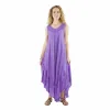 Woman in a sleeveless purple maxi dress with embroidery at the neckline, standing and wearing brown sandals.