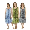 Three women standing side by side wearing sleeveless tie-dye midi dresses in blue, green, and gray.