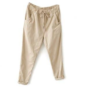 Beige casual jogger pants with a drawstring waist and rolled cuffs at the ankles, front pockets visible.