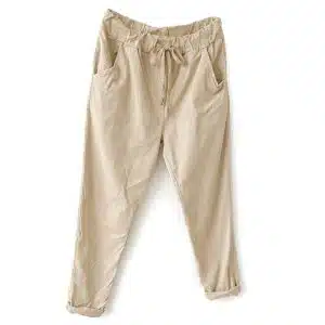 Beige casual jogger pants with a drawstring waist and rolled cuffs at the ankles, front pockets visible.