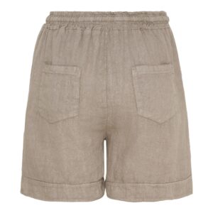Beige linen shorts shown from the back with an elastic waistband and two back patch pockets.