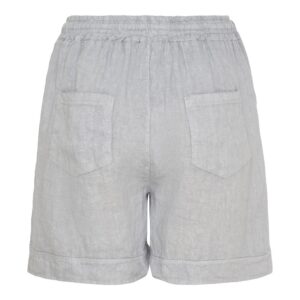 Back view of light gray linen shorts with an elastic waistband and two back patch pockets.
