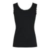 Black sleeveless top with scalloped lace trim along the scoop neckline and armholes.