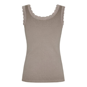 Beige ribbed sleeveless top with delicate lace trim around the scoop neckline. (informative)