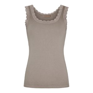 Beige ribbed sleeveless top with delicate lace trim along the neckline and armholes.