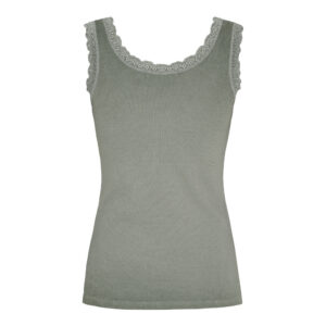 Grey-green sleeveless top with delicate lace trim along the neckline and armholes, close-up of the upper bodice