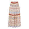 Boho-style tiered skirt with pink, cream, and blue banded patterns and floral motifs on a light background.