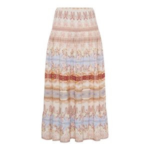 Long bohemian maxi dress with pastel pink, beige, and blue floral bands across the fabric, full-length view