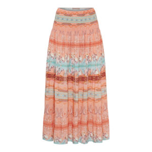 Tiered boho maxi skirt in peach, coral, pastel blue, and cream with paisley and floral prints.