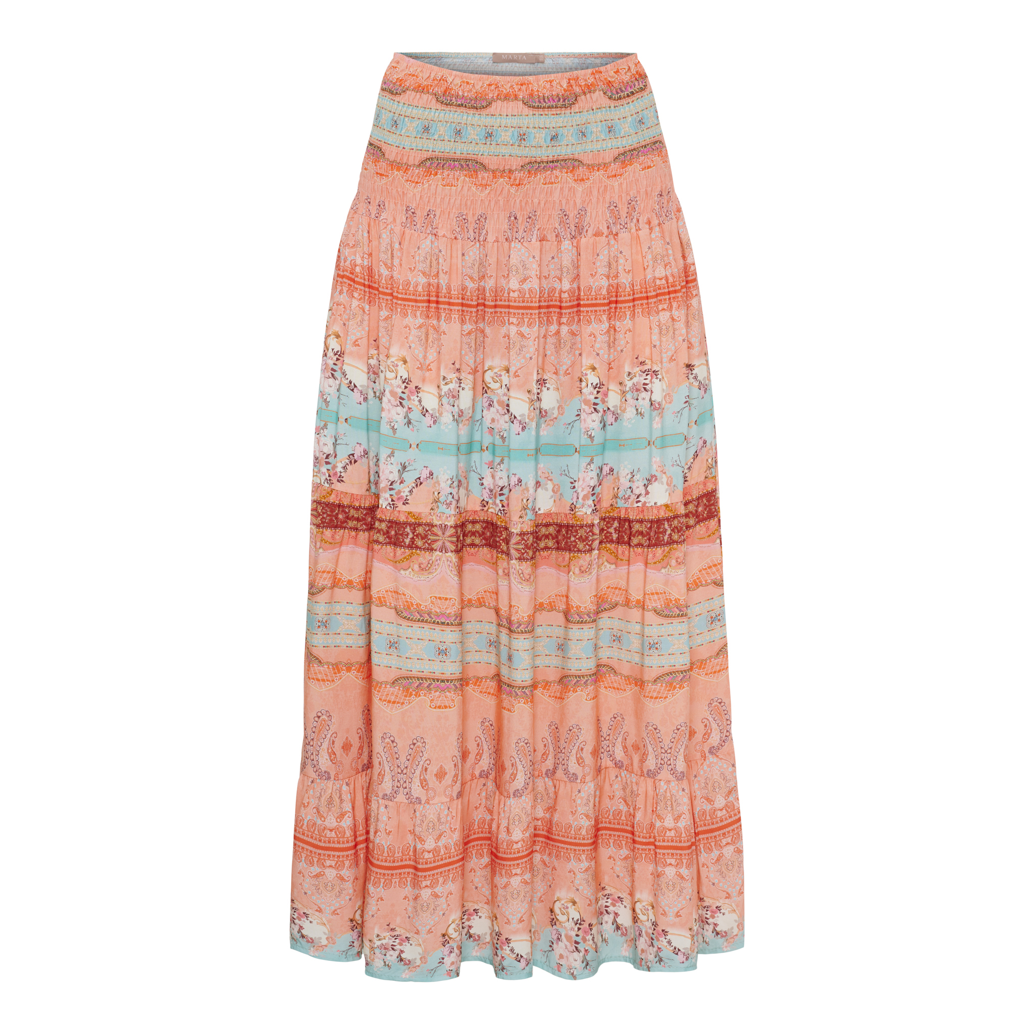 Tiered boho maxi skirt in peach, coral, pastel blue, and cream with paisley and floral prints.