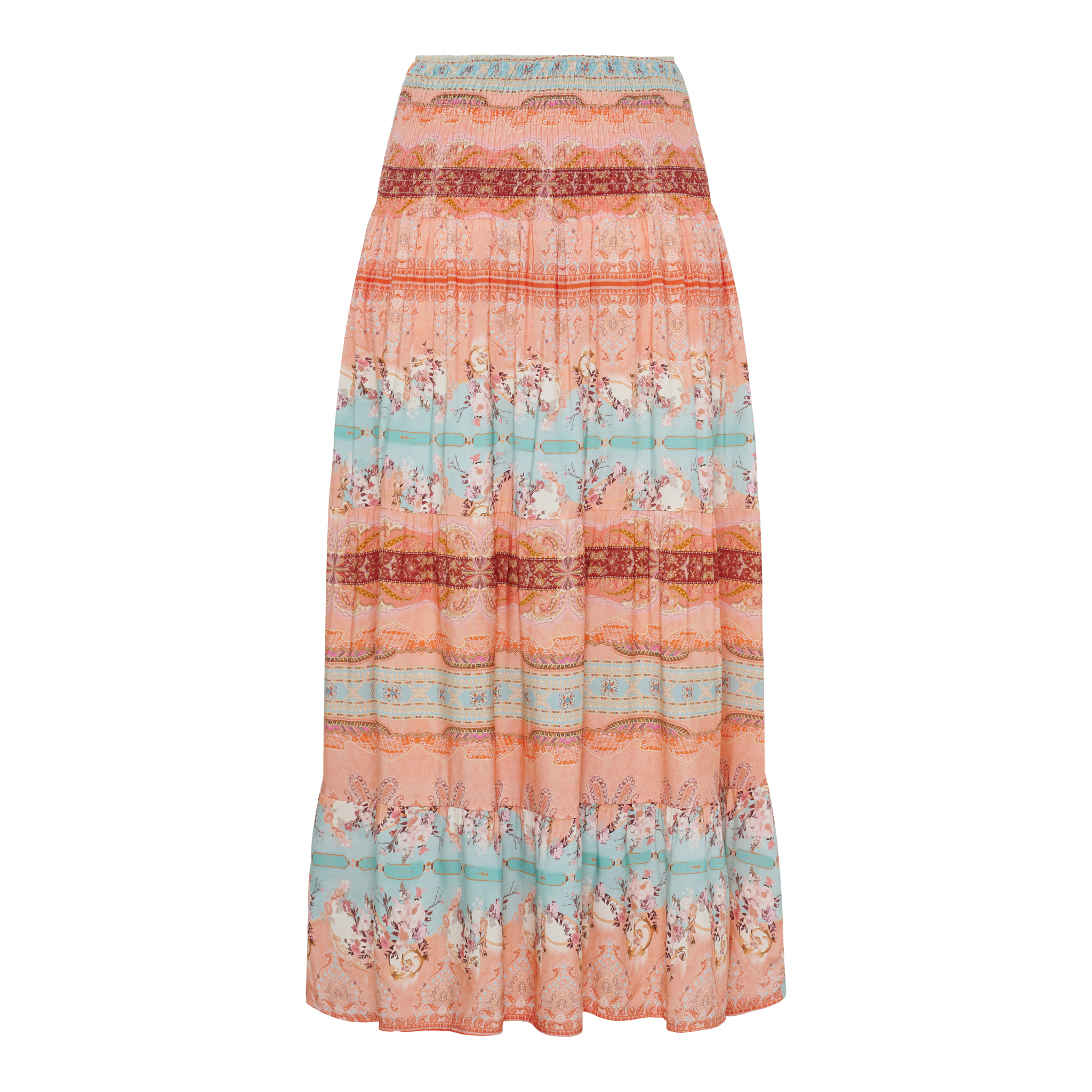 Tiered maxi skirt with pastel color bands and floral prints from blue to peach to pink.