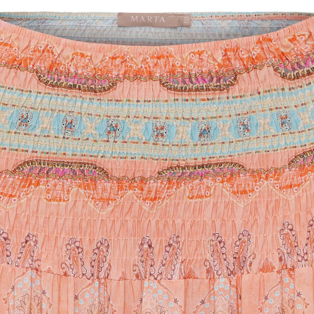Close-up of pink, blue, and turquoise smocked fabric with floral embroidery and a label reading MARTA at the top center.