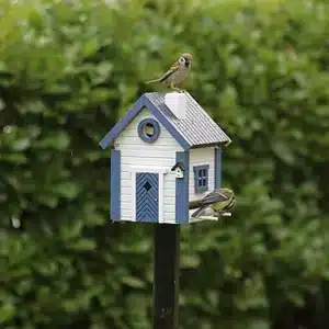 IMG_2083 - Fredrix Design & Smyckerian Small blue-and-white birdhouse on a black post with two sparrows perched on it, green leafy background.