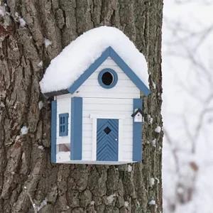 IMG_2087 - Fredrix Design & Smyckerian Blue-and-white birdhouse mounted on a snow-covered tree trunk, with a round entrance and diamond window visible.
