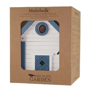 IMG_2088 - Fredrix Design & Smyckerian Cardboard Wildlife Garden birdhouse box displaying a blue and white birdhouse with circular entrance hole, seen through a window cutout in the packaging.