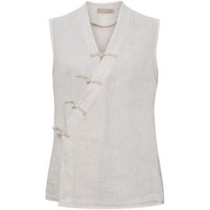 Beige linen sleeveless vest with diagonal wrap fronts and four knotted fabric ties along the left side.