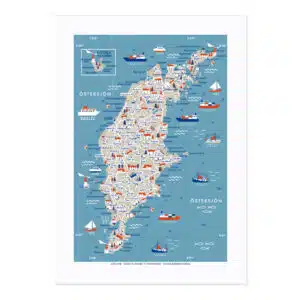 Illustrated map of Gotland island with towns, coastline, and ships on a blue sea area in Swedish labeling.