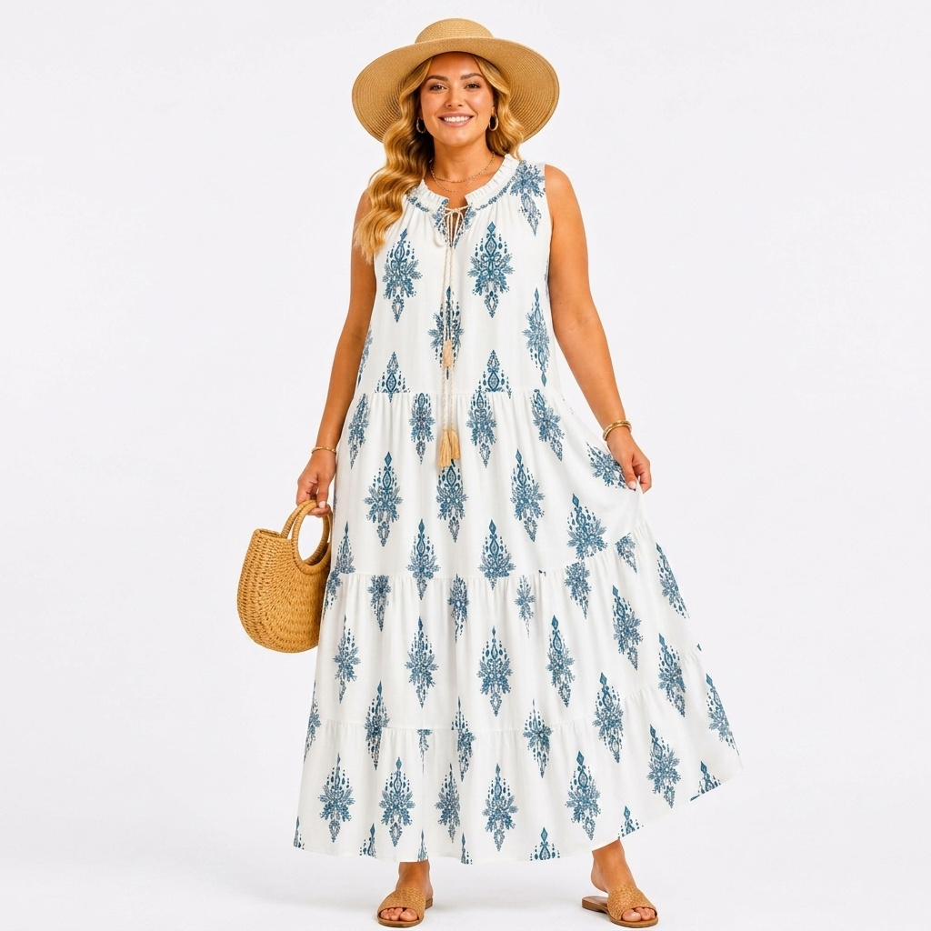 Woman wearing a sleeveless white maxi dress with blue motifs, paired with a straw hat and woven handbag