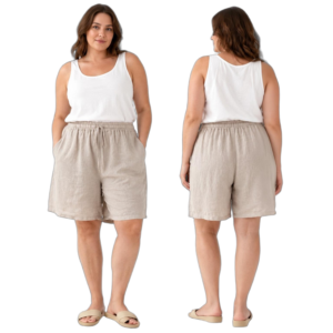 Front and back view of a woman wearing a white sleeveless top, beige drawstring linen shorts, and beige sandals against a black background.