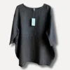 Dark gray linen blouse with a light blue tag attached at the neckline, long sleeves, and a curved hem visible on a neutral background.