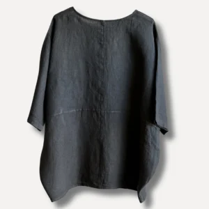 Back view of a dark gray linen tunic with three-quarter sleeves and a curved hem.