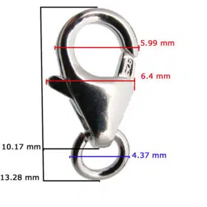 Lobster clasp with measurement lines showing sizes: inner opening 5.99 mm, jaw width 6.4 mm, ring opening 4.37 mm, total length 13.28 mm