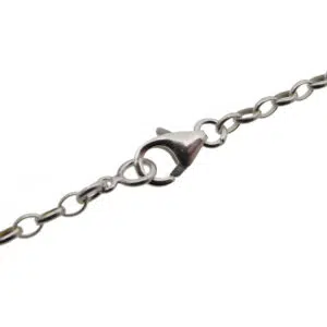 Close-up of a silver chain featuring a lobster claw clasp.